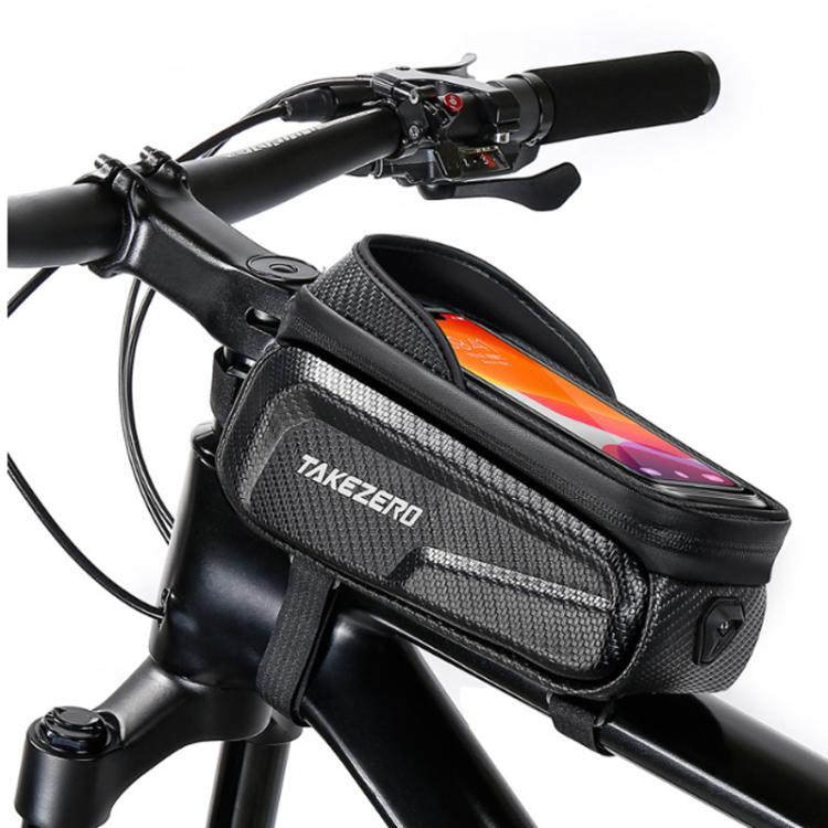 TAKEZERO TZ01 Hard Shell Bike Top Tube Bag Waterproof EVA Mountain Bicycle Front Frame Storage with Phone Mount 1L(Black Logo)