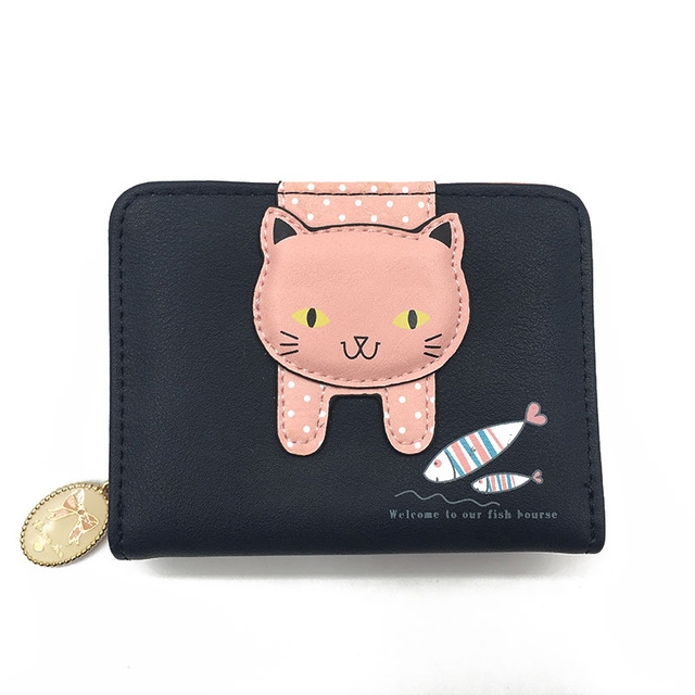 

Women Cute Cat Wallet Small Zipper Wallet PU Leather Coin Purse Card Holder(Black)