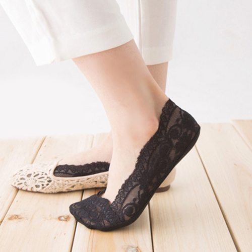 夏季女孩硅胶蕾丝船袜隐性浅口棉底防滑袜（黑色）