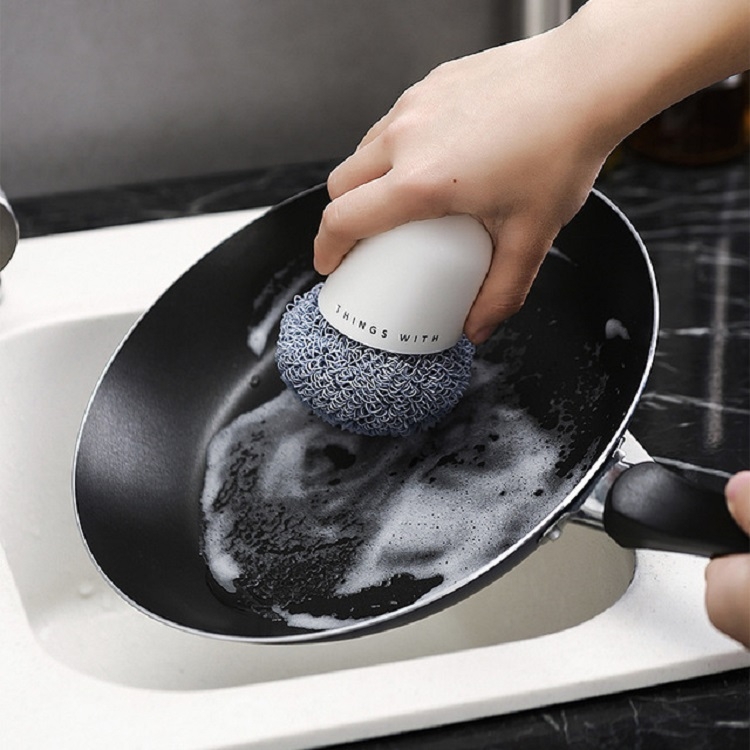Polyester Cleaning Ball Household Handle Cleaning Brush Kitchen Short  Handle Dishwashing Pot Brush, Color:White