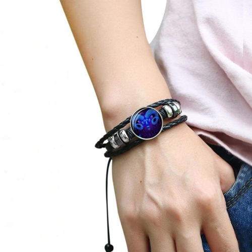 

12 Constellation Black Braided Leather Glass Dome Punk Men Bracelet(Aries)