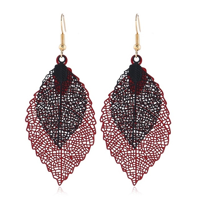 

Double-layered Leaves Tassel Earrings Simple Retro Metal Leaf-ears Ornaments(Red Black)
