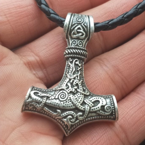 

Mjolnir Pendant Viking Protective Talisman Hammer Necklace(Ancient Silver Leather Cord)