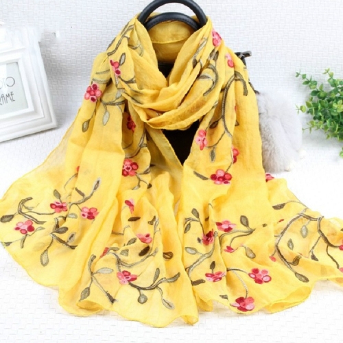 

Autumn and Winter National Style Wild Peach Blossom Embroidery Pattern Long Lace Scarf Silk Scarf, Size:172 x 70cm(Ginger Yellow)