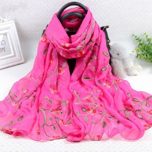 

Autumn and Winter National Style Wild Peach Blossom Embroidery Pattern Long Lace Scarf Silk Scarf, Size:172 x 70cm(Rose Red)