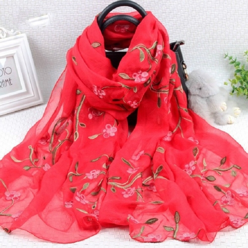 

Autumn and Winter National Style Wild Peach Blossom Embroidery Pattern Long Lace Scarf Silk Scarf, Size:172 x 70cm(Red)