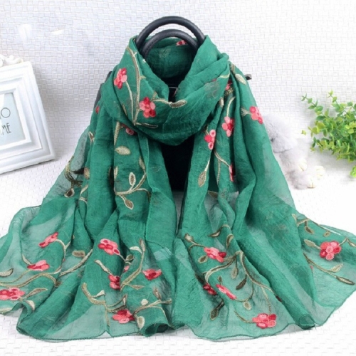 

Autumn and Winter National Style Wild Peach Blossom Embroidery Pattern Long Lace Scarf Silk Scarf, Size:172 x 70cm(Dark Green)