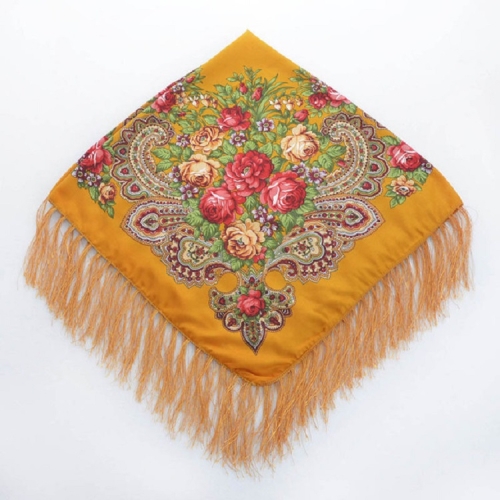 Yellow Ethnic Style Retro Tassel Square Scarf Flower Pattern Headscarf Scarf,  Size:90 x 90cm