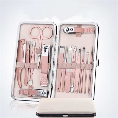 Set di strumenti per manicure rosa in acciaio inox 15 in 1