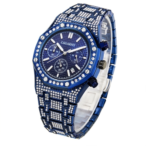 CAGARNY 6881 Diamond-studded Six-needles Guartz Dual Movement Watch Men Stainless Steel Strap Watch (Blue Shell Blue Dial)