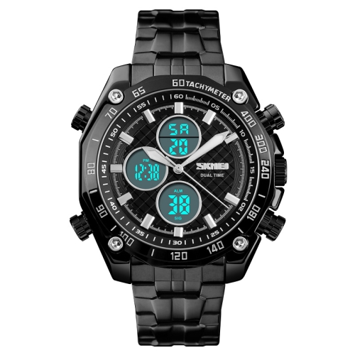 

SKMEI 1302 Fashion Men Leisure Wrist Watch Multifunctional Dual-time Sports Digital Watch with Stainless Steel Watchband 30m Waterproof (Black+White)