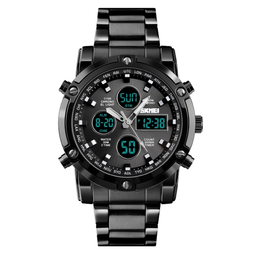 

SKMEI 1389 Multifunctional Men Business Digital Watch 30m Waterproof Large Dial Wrist Watch with Stainless Steel Watchband (Black)