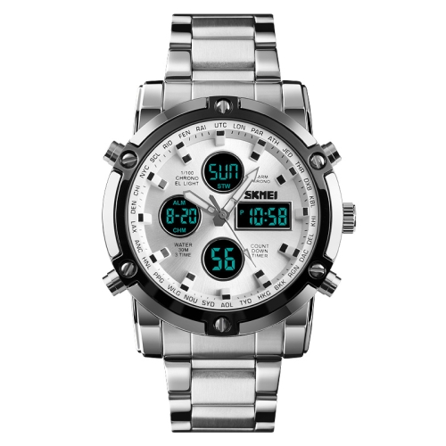 

SKMEI 1389 Multifunctional Men Business Digital Watch 30m Waterproof Large Dial Wrist Watch with Stainless Steel Watchband (Silver)