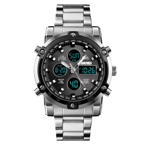 

SKMEI 1389 Multifunctional Men Business Digital Watch 30m Waterproof Large Dial Wrist Watch with Stainless Steel Watchband (Silver+Black)
