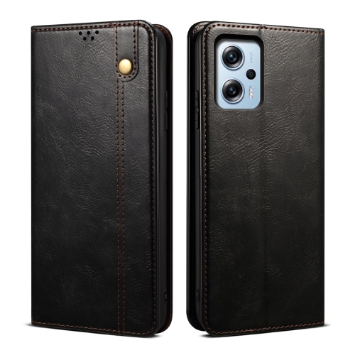 

Oil Wax Crazy Horse Texture Leather Phone Case For Xiaomi Redmi Note 11T Pro+ / Note 12 T Pro / Poco X4 GT (Black)