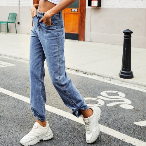 Women Denim Button Adjustable Length Jeans (Color:Light Blue Size:L)