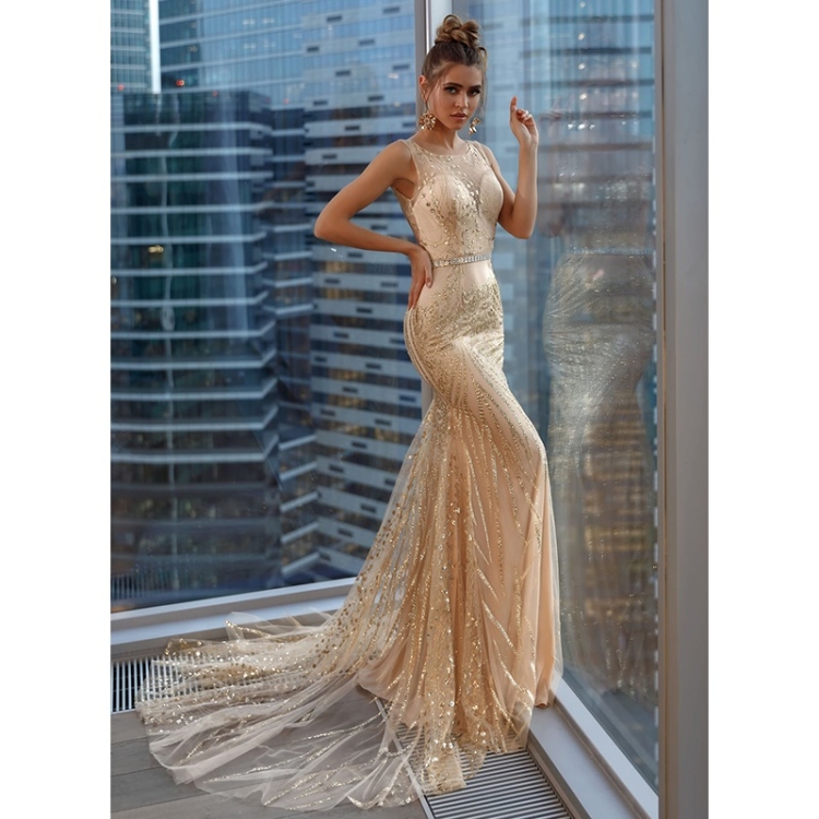 

Women Slim-fit Sleeveless Floor-length Skirt Dress (Color:Gold Size:XXL)