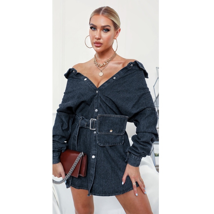 

Women Neckline Retro Bag Denim Skirt (Color:Black Size:Free Size)