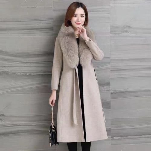 

Winter Solid Color Large Fur Collar Plus Cotton Thicken Slim Mid-length Woolen Coat For Ladies (Color:Khaki Size:M)