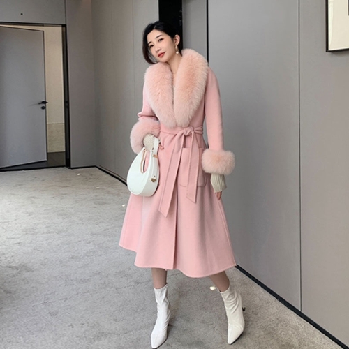 

Autumn And Winter Solid Color Large Fur Collar Slim Mid-length Woolen Coat With Large Pockets for Women (Color:Pink Size:L)