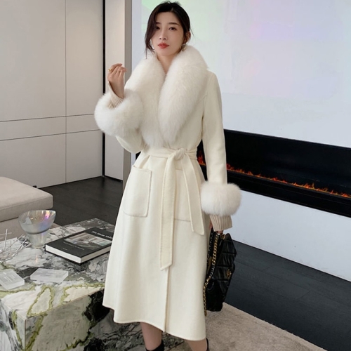 

Autumn And Winter Solid Color Large Fur Collar Slim Mid-length Woolen Coat With Large Pockets for Women (Color:White Size:L)