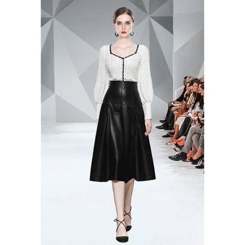 

Autumn Winter Lantern Sleeve Knitted Sweater + High Waist Leather Skirt Suit (Color:Black White Size:XXL)