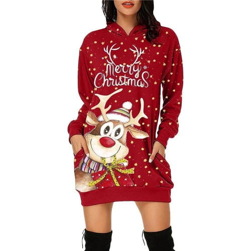 Women Christmas Elk Print Long Sleeve Sweatshirt Dress (Color:Red Size:XL)