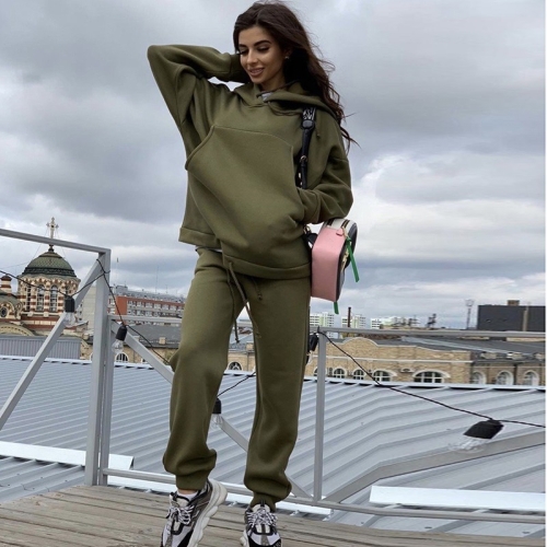 Spring Autumn Solid Color Big Pocket Casual Hooded Sweater + Trousers Set for Women (Color:Army Green Size:L)