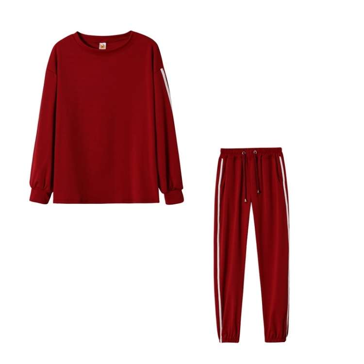 

Autumn Loose Side Stripe Long Sleeve Sportswear + Trousers Suit For Ladies (Color:Wine Red Size:XXL)