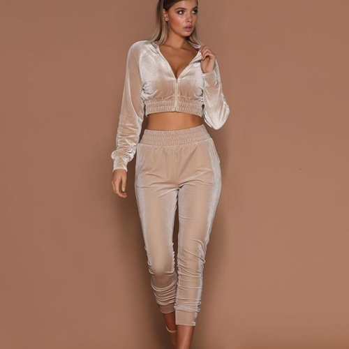 

2 in 1 Autumn Ladies Velvet Solid Color Zipper Cropped Sweater Set For Ladies (Color:Apricot Size:XL)