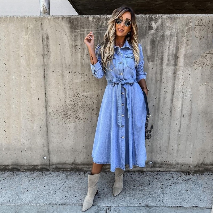 Retro Denim Dress (Color:Light Blue 