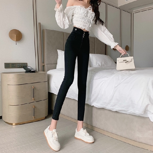 Spring Summer High Waist Slim Skinny Jeans (Color:Black Size:25)