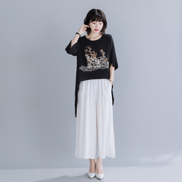 

Summer Embroidered Cotton Linen Front Short Back Long Short Sleeve T-Shirt for Ladies (Color:Black Size:XXL)