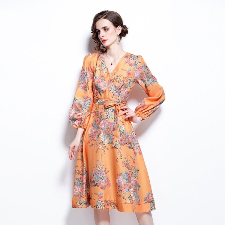

Spring Flower Print V-Neck Neck Waist Long Sleeve Dress for Women (Color:Colors Size:XXL)
