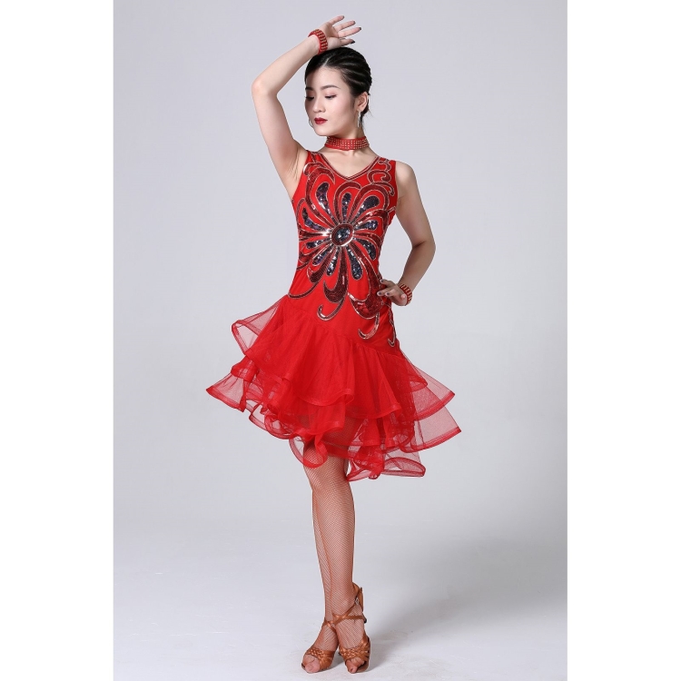 

5 in 1 Sleeveless Latin Dance Dress + Collar + Separate Bottoms + Bracelets Set (Color:Red Size:XL)