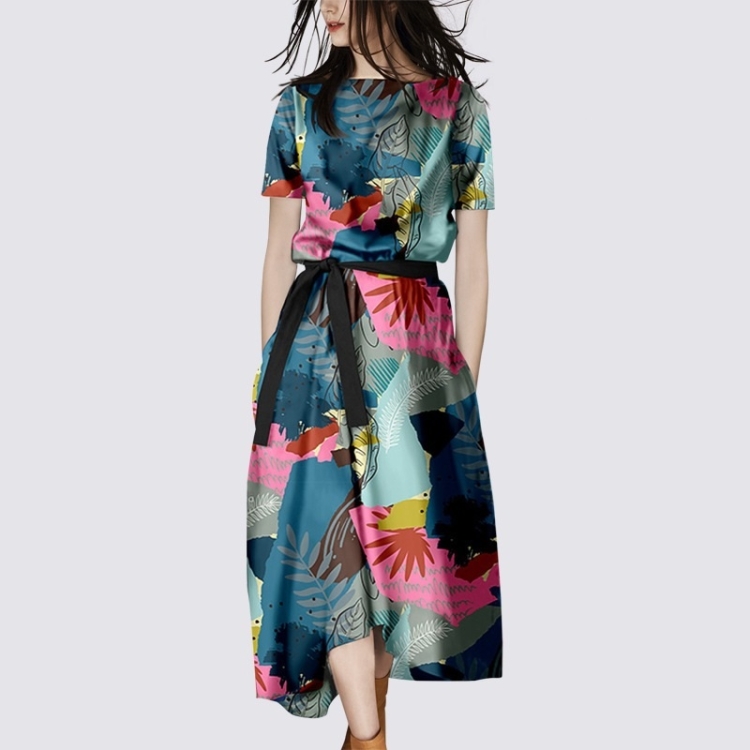 

Ladies Short Sleeve Print Dress (Color:As Show Size:XL)