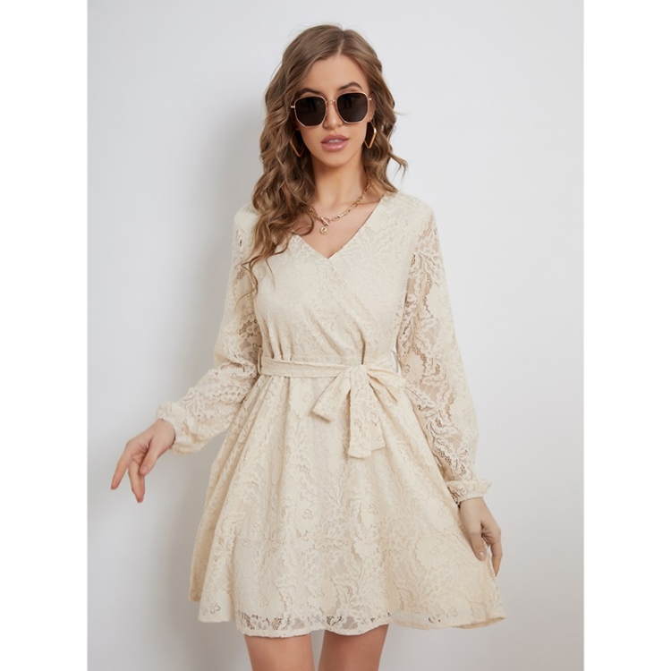 

Lacing Lace Elegant Long Sleeve Dress For Ladies (Color:Apricot Size:M)