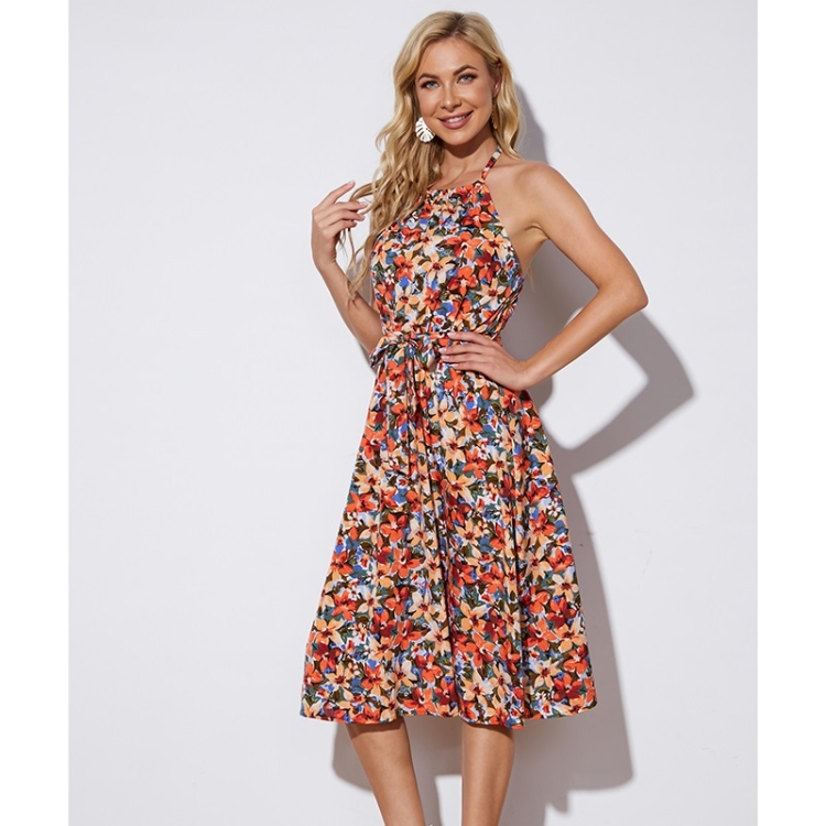 

Printed High Waist Halter Dress For Ladies (Color:Color Size:S)