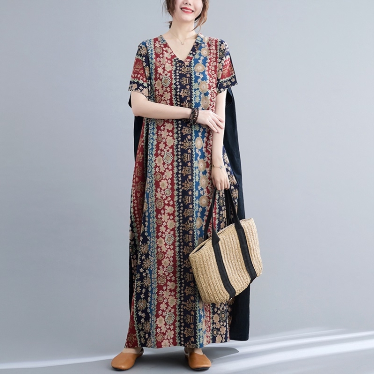 

Summer Contrasting Colors V-Neck Cotton Linen Long Dress for Ladies (Color:Red Blue Size:Free Size)