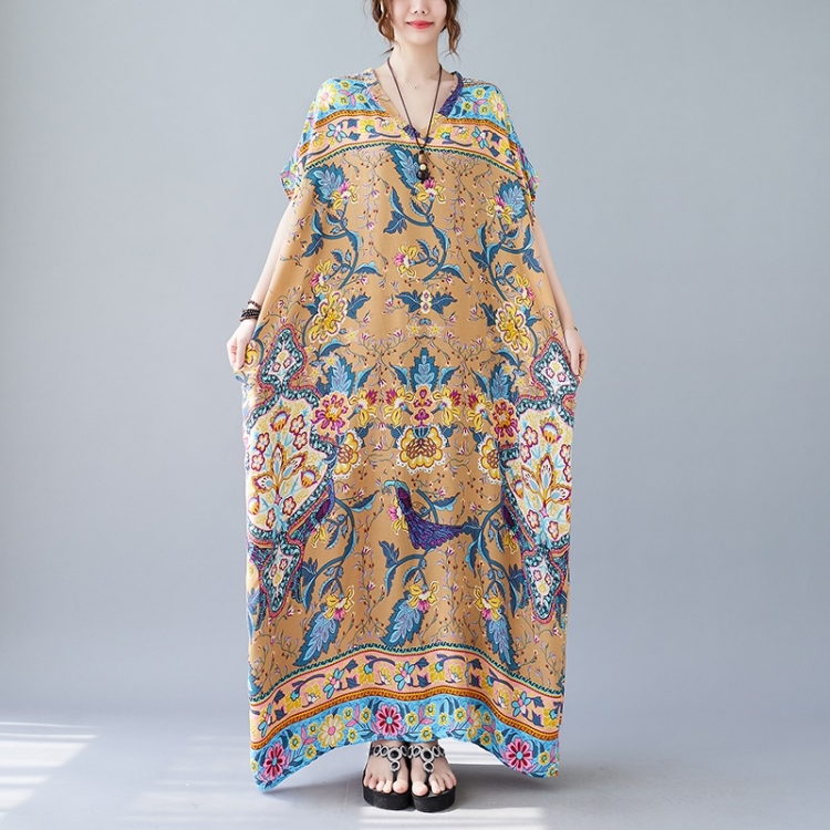 

Summer V-Neck Vintage Print Long Dress For Ladies