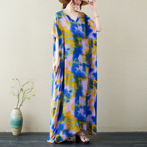 

Summer V-Neck Tie-Dye Cotton Silk Long Dress for Ladies