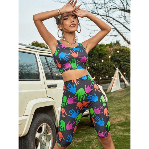 

Tight Colorful Palm Print Vest + Shorts Suit For Women (Color:Photo Color Size:S)