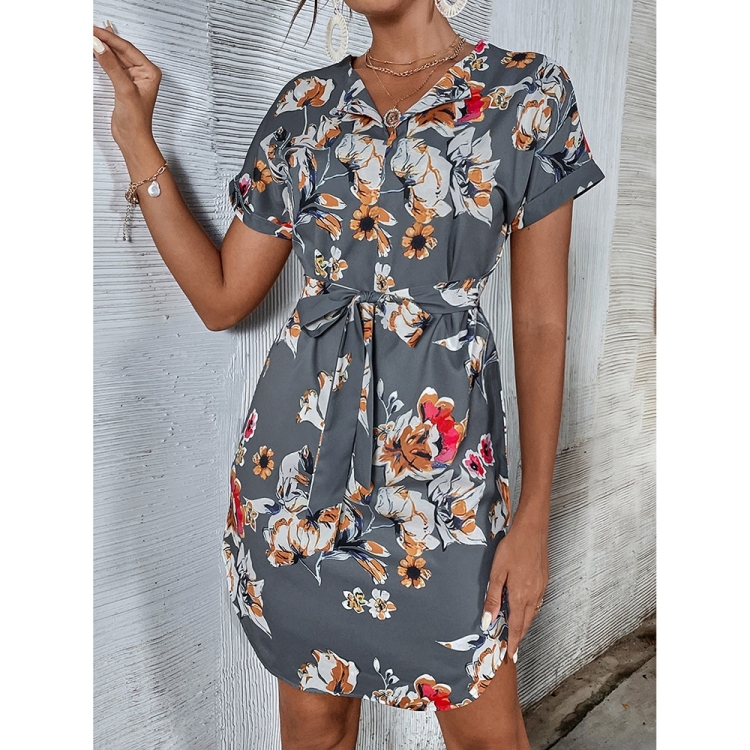 

Floral Print V-Neck Shirt Dress for Ladies (Color:Photo Color Size:S)