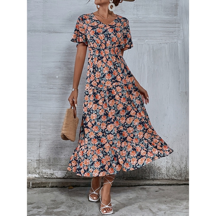 

V-Neck Short Sleeve Floral Dress for Women (Color:Photo Color Size:S)
