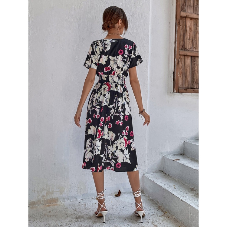 

Flower Print V-Neck Short Sleeve Dress for Women (Color:Photo Color Size:S)
