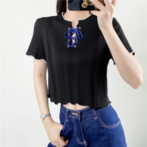 

Knitted V Neck Short Sleeve T-shirt Women Short Top (Color:Black Size:Free Size)