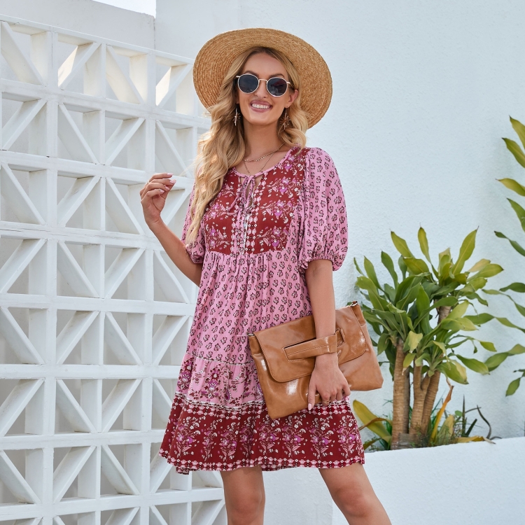 

Women Holiday Style Flower Short Sleeve Dress (Color:Pink Size:S)
