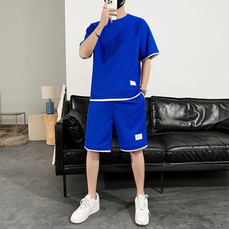 

Ice Silk Loose Waffle Sports Short Sleeve Shorts Set (Color:Blue Size:XXXXL)