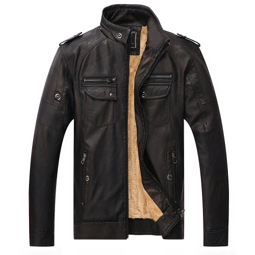 Men Plus Velvet Loose Leather Jacket Coat Color Black Size XXXL