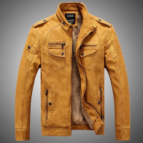 

Men Plus Velvet Loose Leather Jacket Coat (Color:Yellow Size:XXXL)